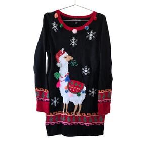 33 Degrees Black Christmas Llama Sweater Dress Womens Size M Long Sleeve Pom Pom